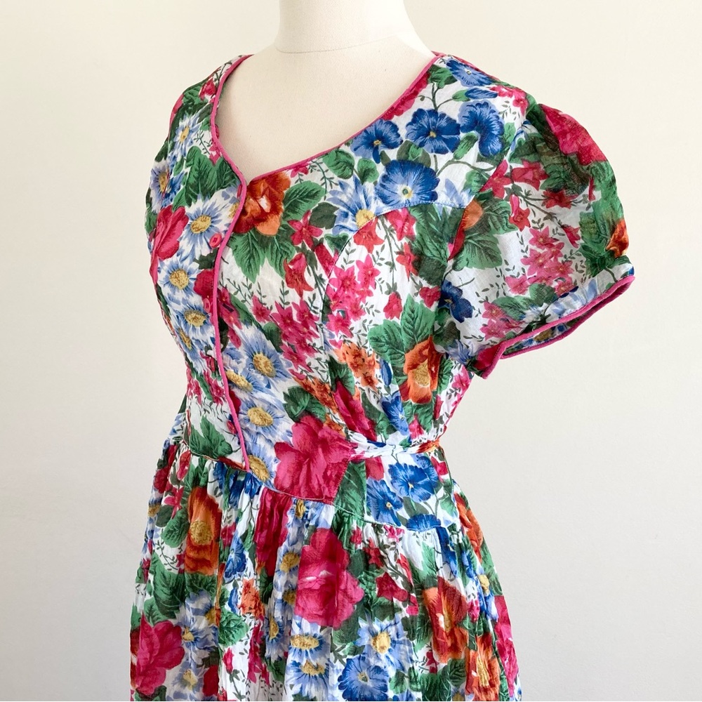 Vintage 1980s Floral Front Button Maxi Dress L Cotton100% Lined Pink Beautiful - Picture 5 of 11